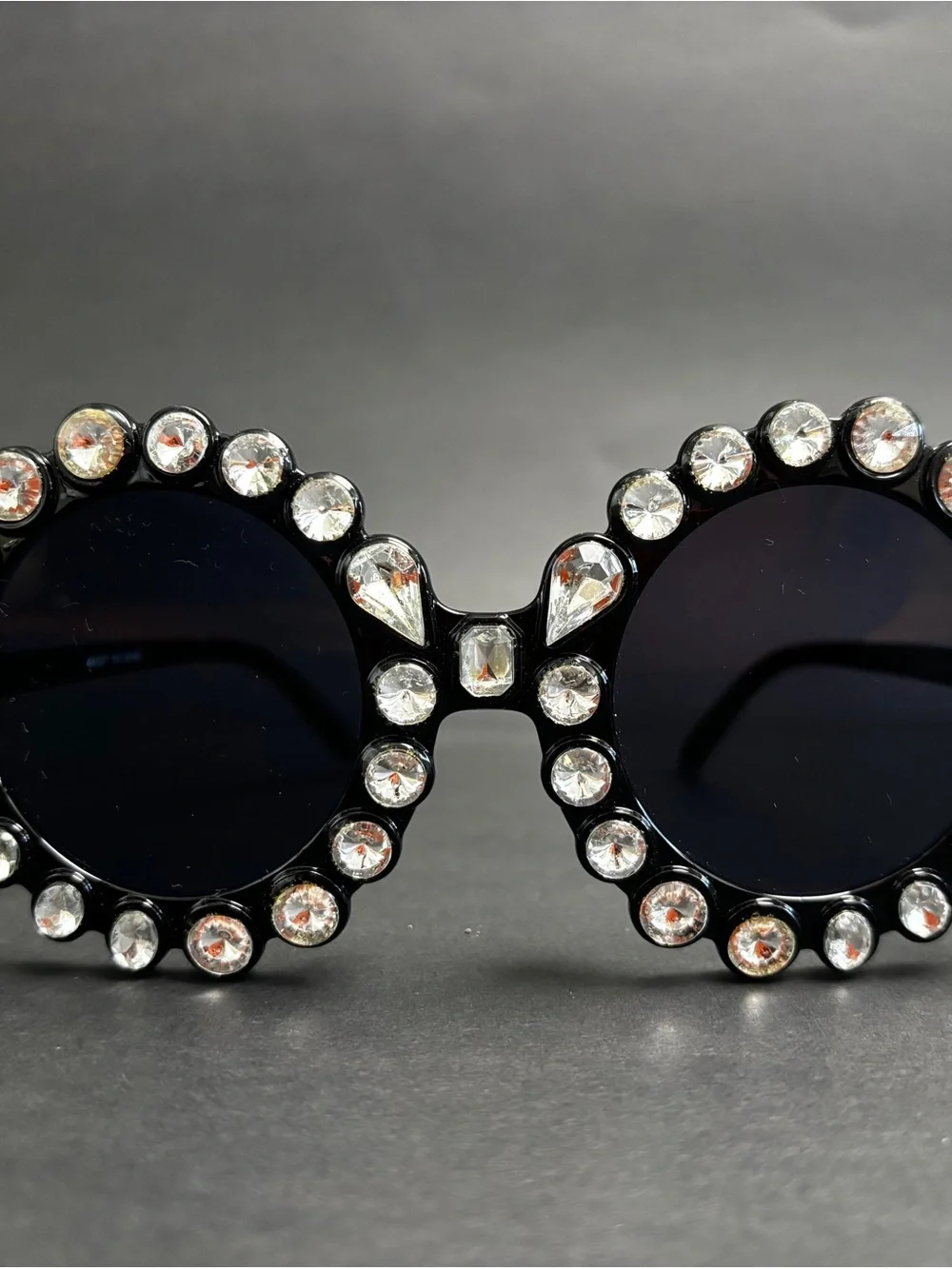 Crystal-Embellished Round Black Sunglasses